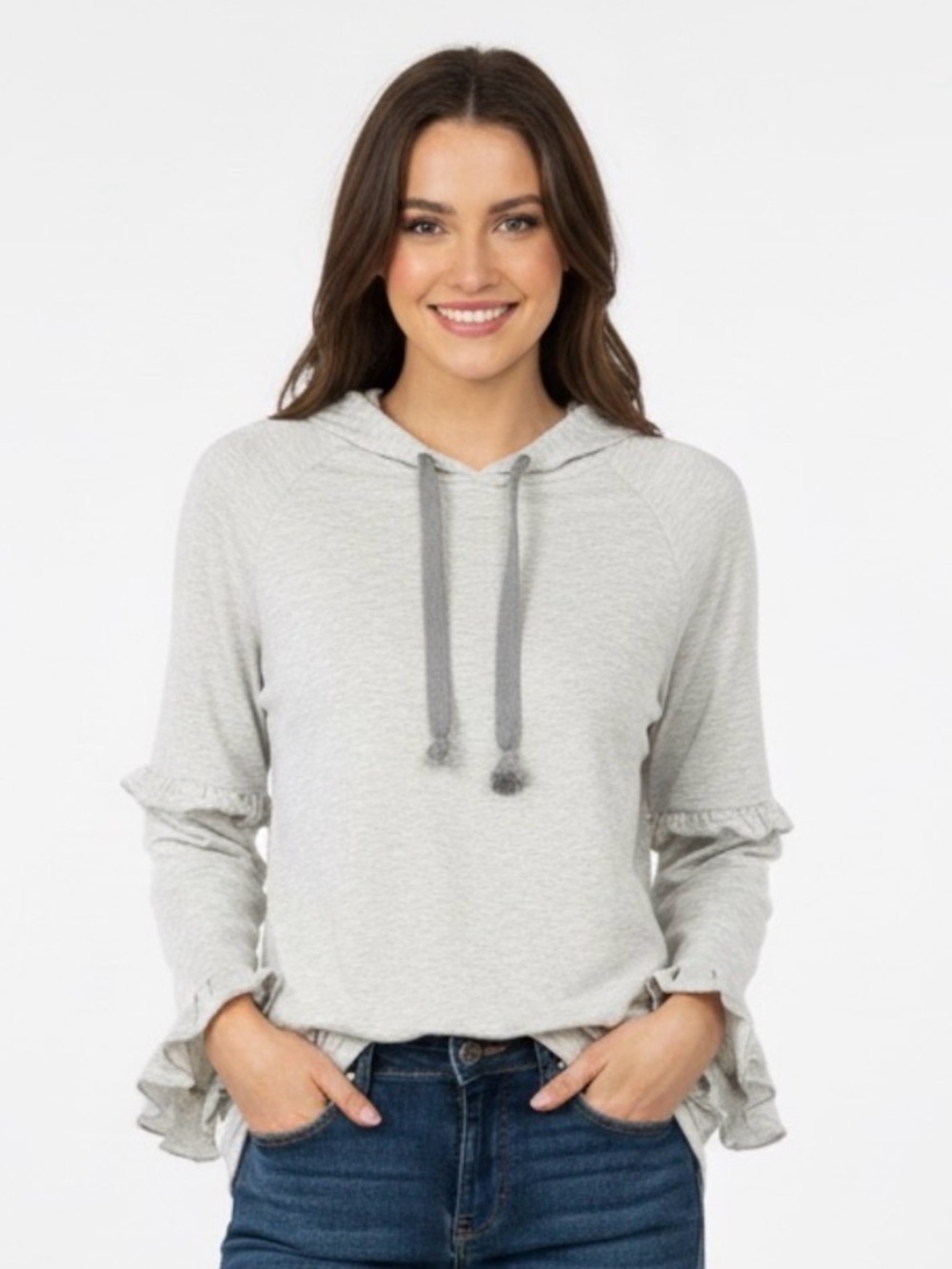 For The Republic Women’s hooded top ruffle cuff curve hem heather Gray Small NEW